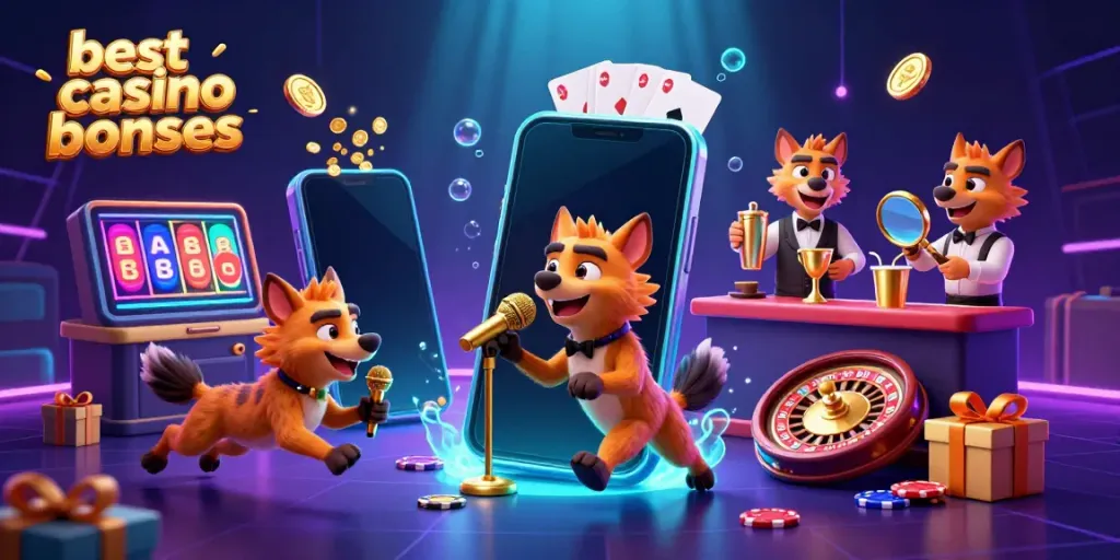 Experience the best casino bonuses with hyenas in a lively comedy club scene featuring vibrant slot games and rich casino elements.