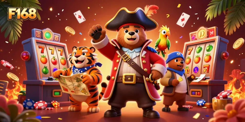 Experience F168's exhilarating gaming adventure with a pirate captain bear, tiger, and vibrant casino elements.
