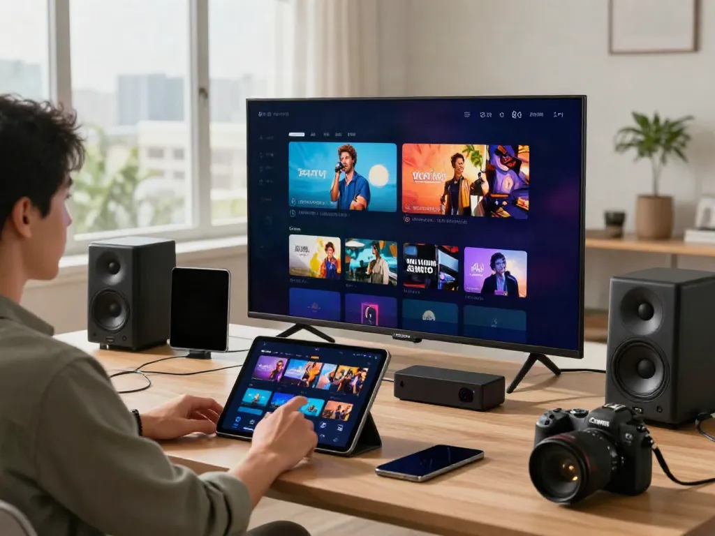 Testing IPTV on multiple devices in a modern workspace.