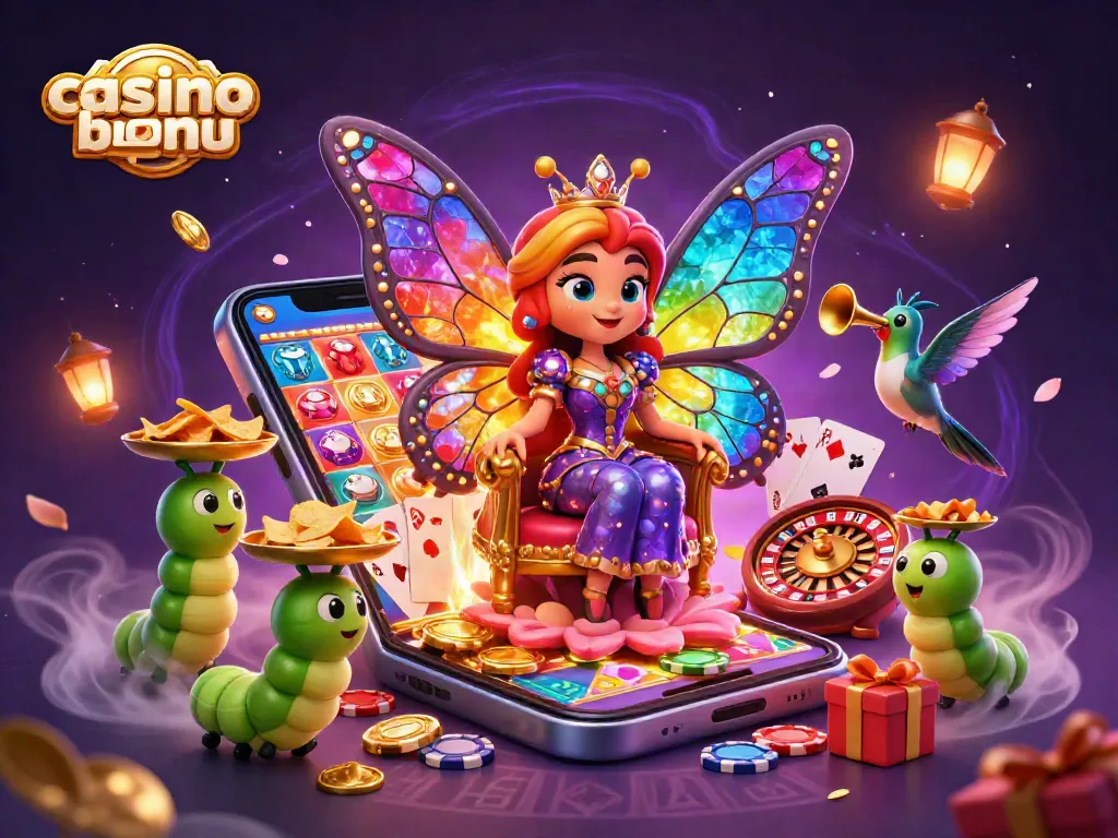 Play with casinosnz casino bonus as a butterfly queen reigns over a vibrant gaming world filled with slot games and riches.