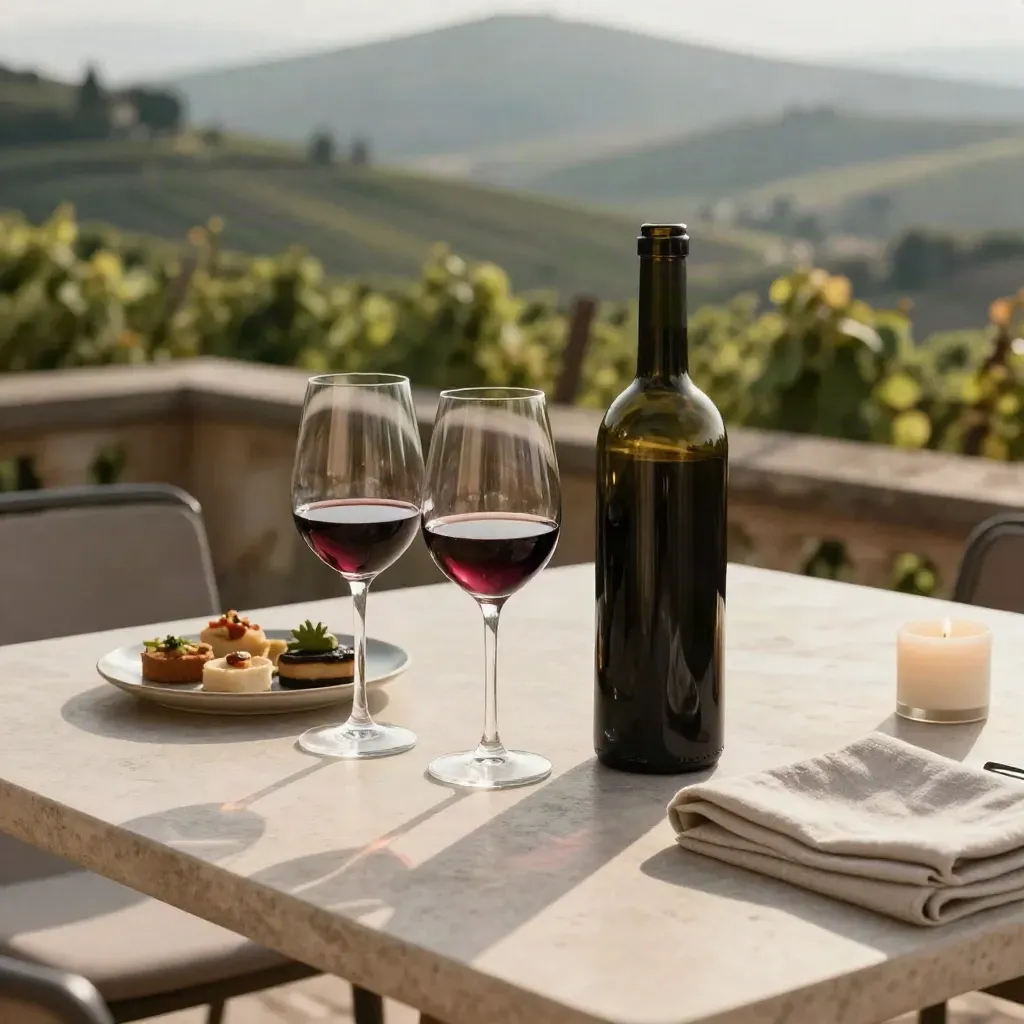 Bottiglia e calici su terrazza al tramonto con vigneti sullo sfondo.