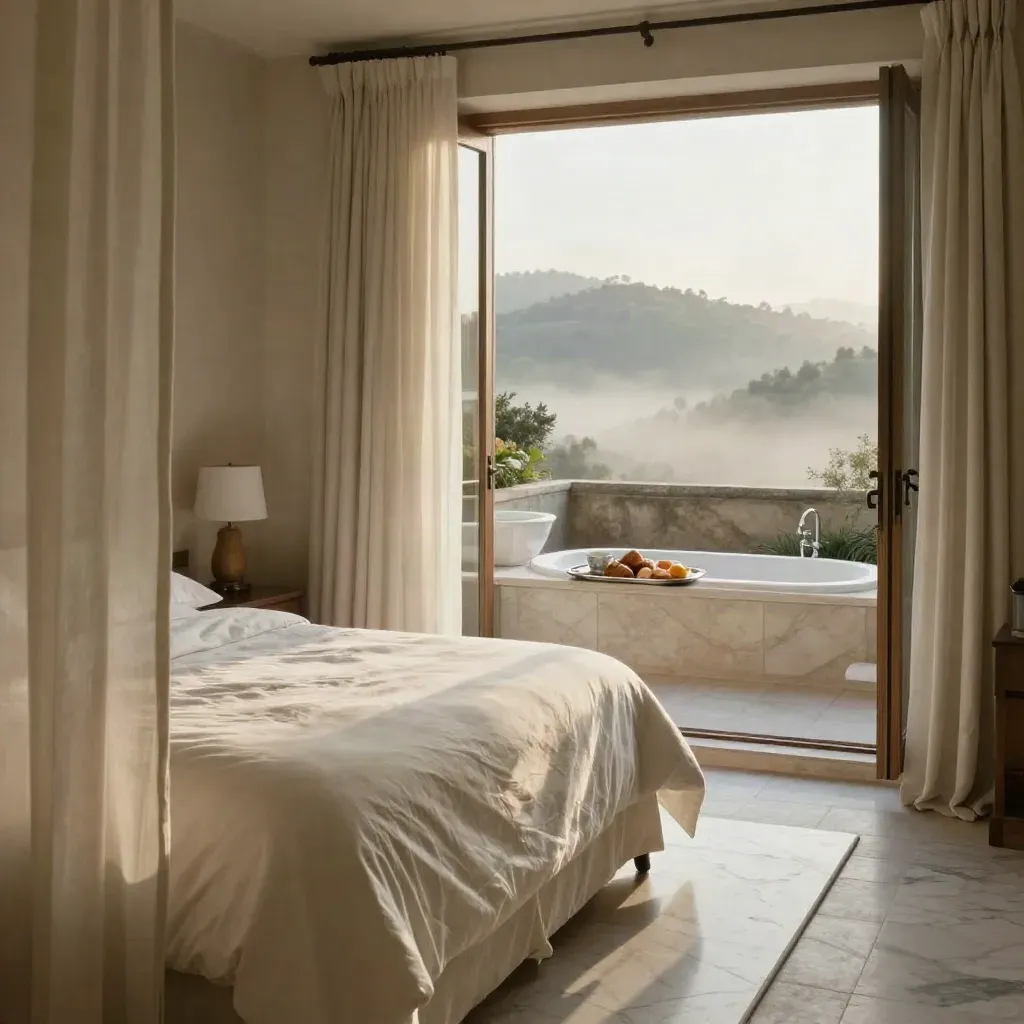 Suite panoramica con letto king, colazione, bagno in marmo e terrazza sulle colline all’alba.