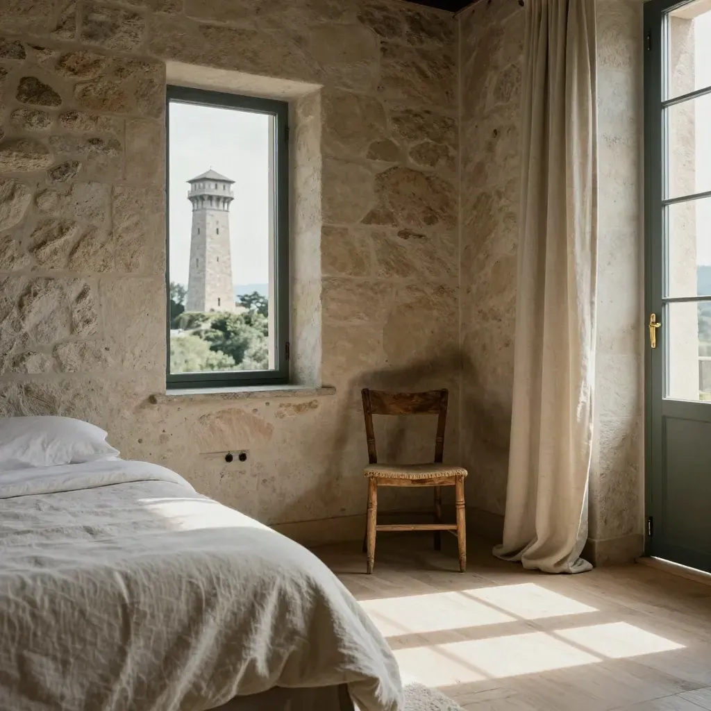 Interno suite con pietra, letto, sedia in legno e luce radente sulle superfici vissute.
