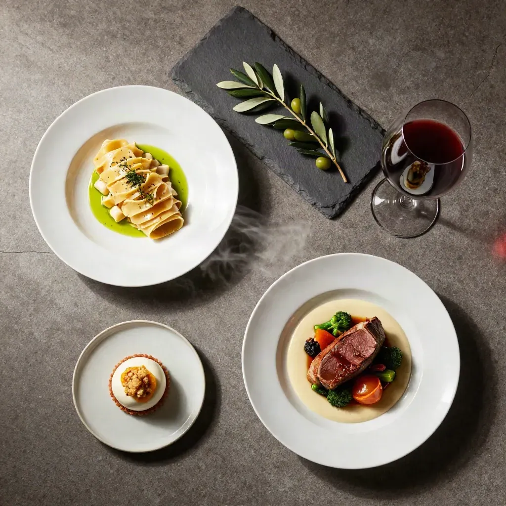 Flat lay dall'alto di cena degustazione con tre piatti, vino e ulivo su ardesia.