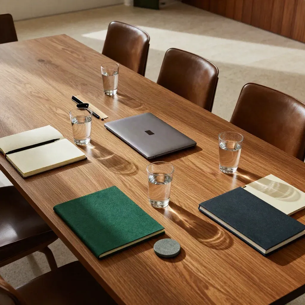 Sala meeting pronta: tavolo in rovere, laptop chiuso, bicchieri d’acqua e sedie in pelle.