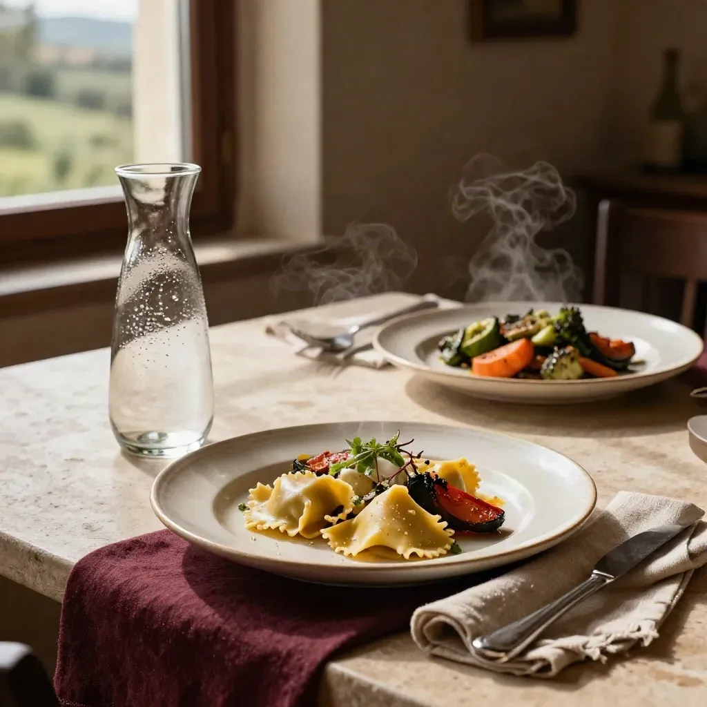 Pasta fresca, verdure arrostite e caraffa di vetro su tavola in lino, luce calda.
