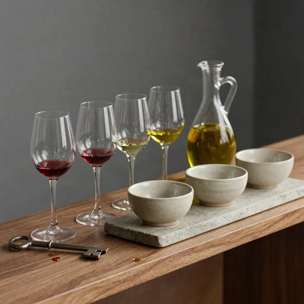 Calici da degustazione, oliera in vetro e ciotole in ceramica su vassoio di pietra, luce radente.