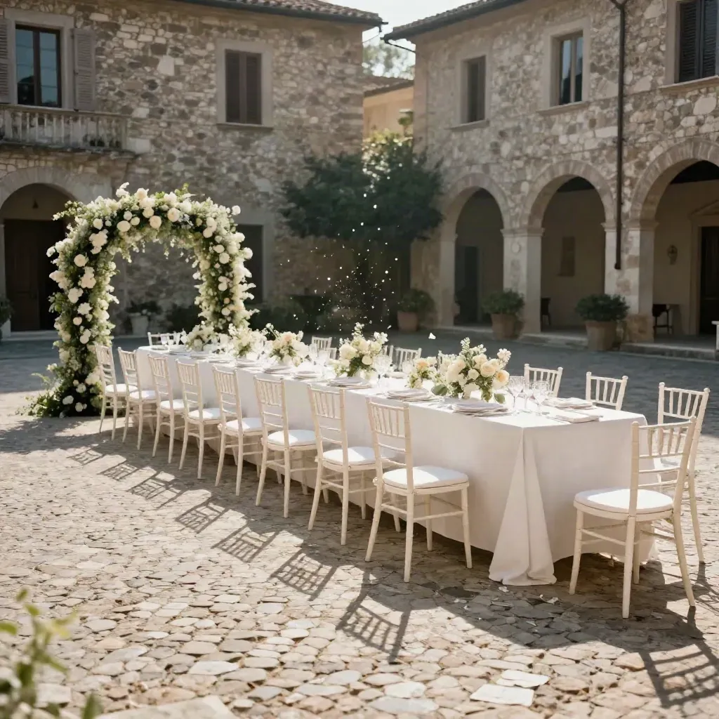 Corte nuziale luminosa con sedie chiare, arco floreale e lunga tavolata su pavé antico.