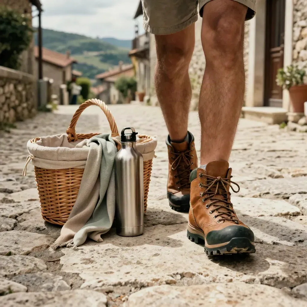 Scarponcini, cesta, sciarpa e borraccia su vicolo di pietra con borgo sfocato.