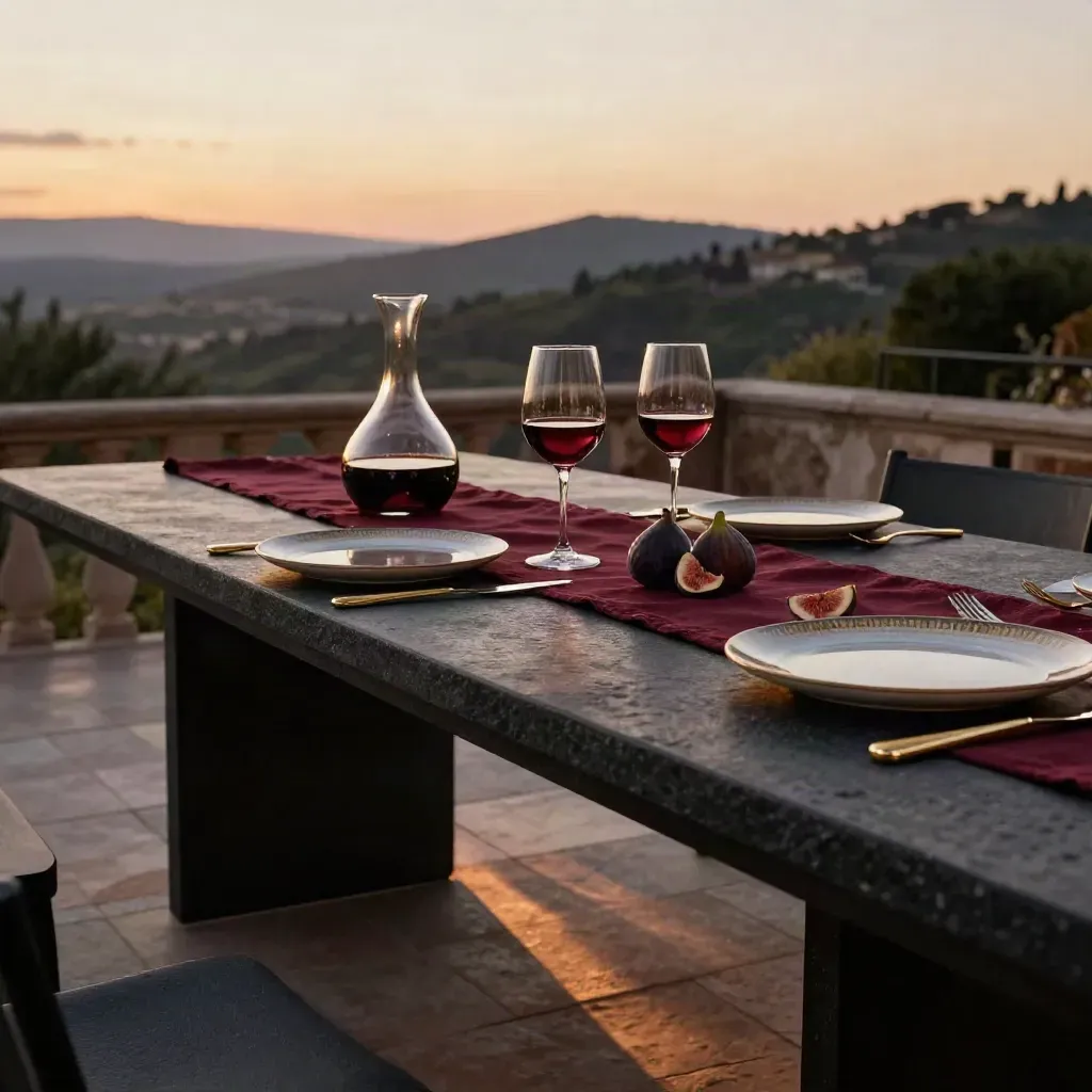 Tavolo al tramonto con vino rosso, fichi, lino cremisi e terrazza collinare sullo sfondo.