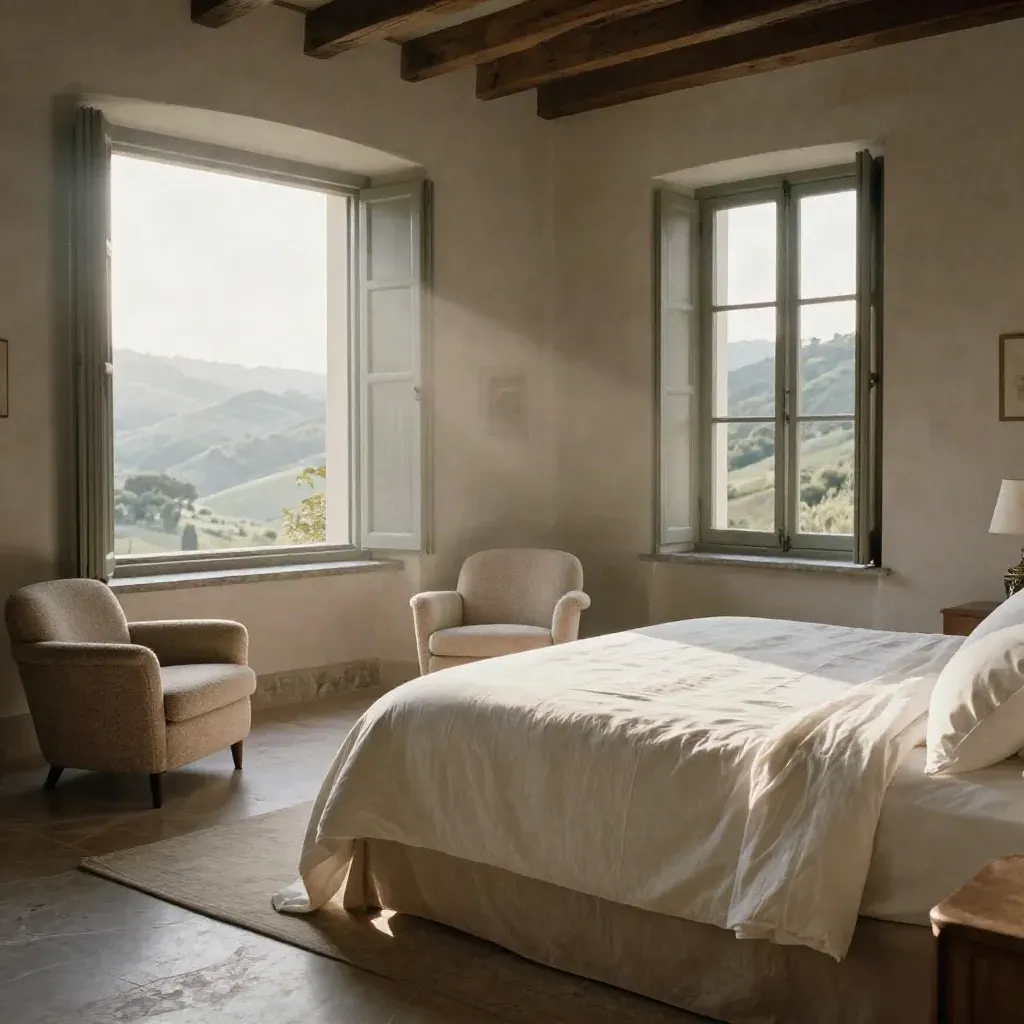 Camera superior con letto matrimoniale, due poltrone e finestre aperte sulle colline all’alba.