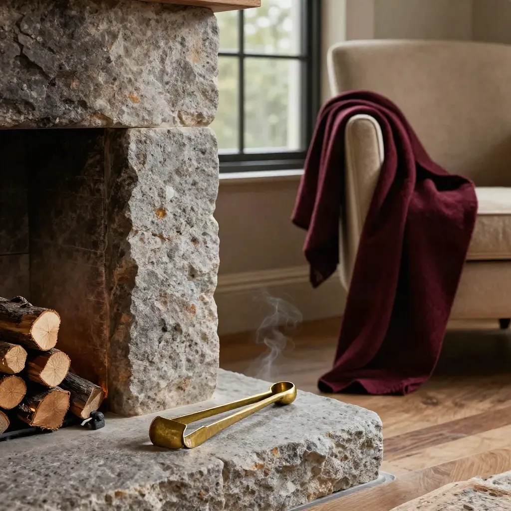 Camino in pietra con brace lieve, legna, plaid borgogna e attrezzi in ottone.