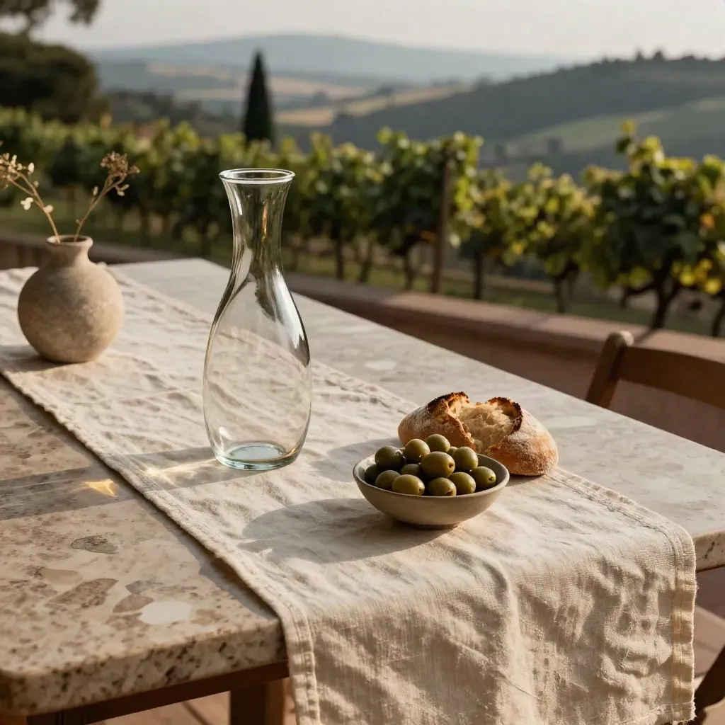 Tavolo da terrazza per due con lino, caraffa, olive, pane e vaso essenziale al tramonto