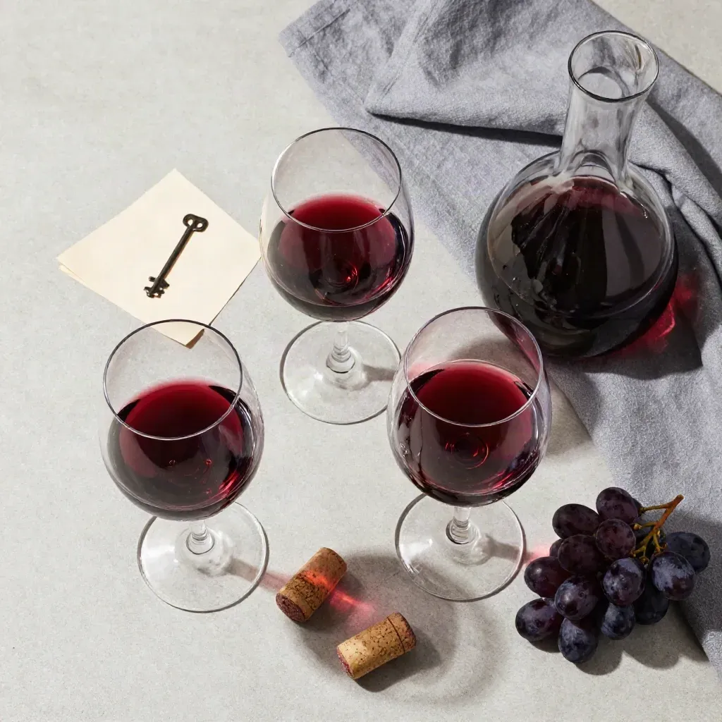 Flat lay dall'alto con tre calici di rosso, decanter, tappi, uva scura e lino plumbeo.