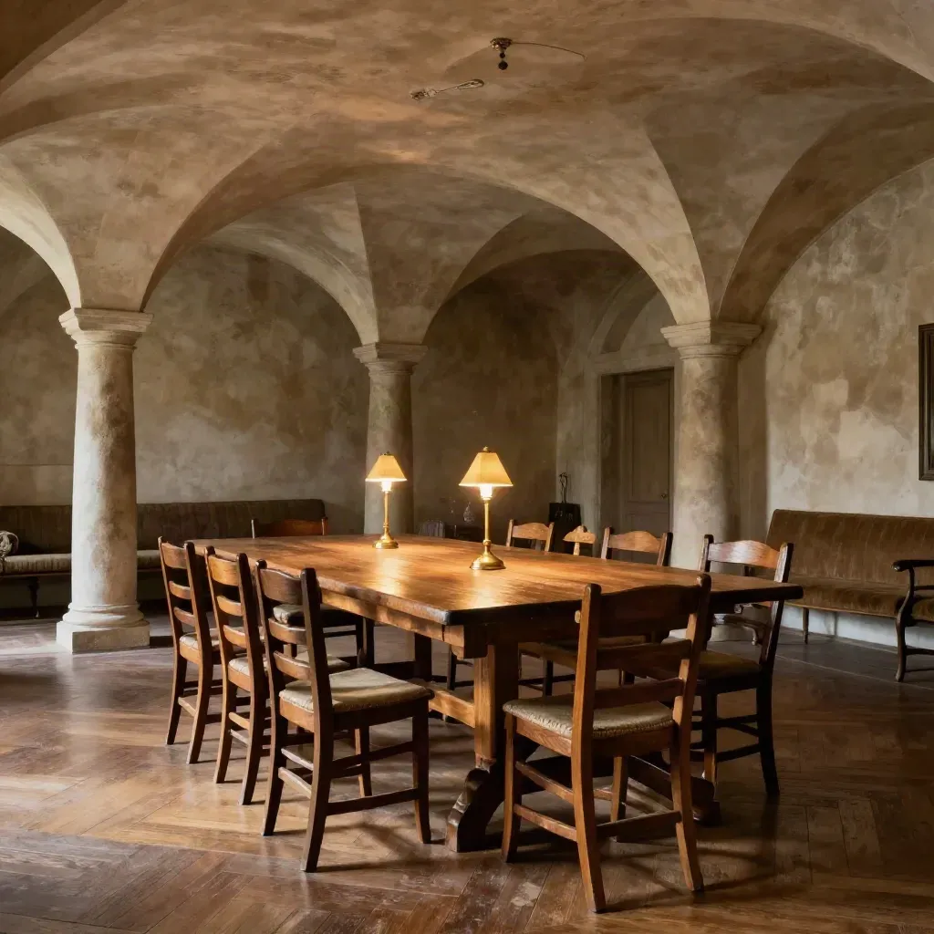 Sala eventi storica con volta, tavolo lungo, lampade calde e parquet vissuto.
