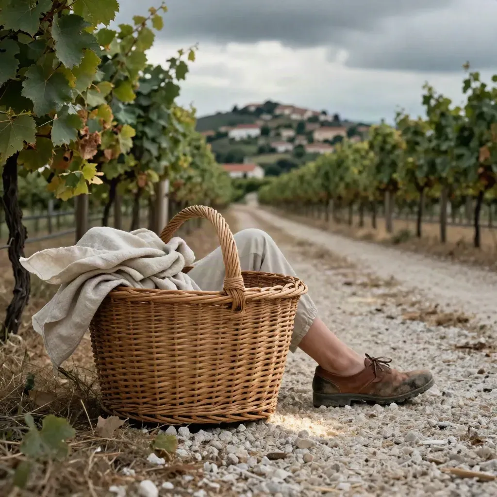 Cestino, scarpe e sciarpa su un sentiero tra vigne verso il borgo.