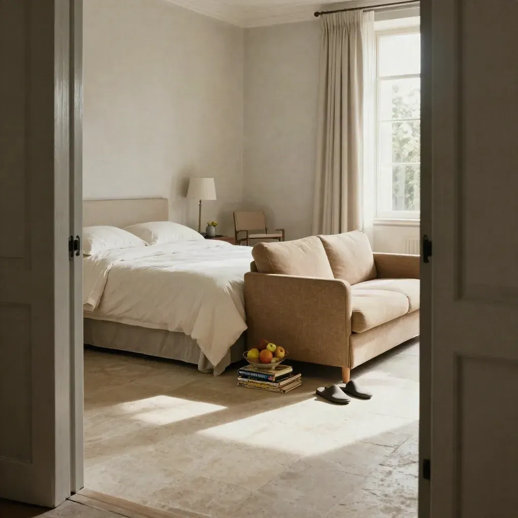 Suite familiare pronta con letto, divano letto, frutta, giochi chiusi e pantofole ordinate.