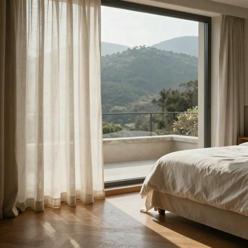 Suite luminosa con tende di lino, letto e panorama collinare sfumato oltre la finestra.