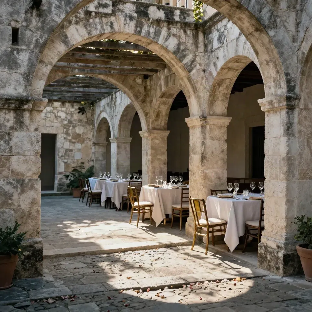 Corte storica in pietra con archi, pergola e tavoli apparecchiati nella luce del tardo giorno