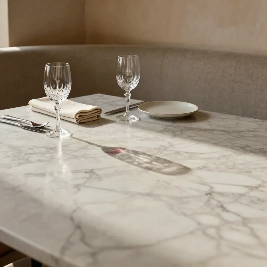 Tavolo di ristorante in marmo chiaro con calici, tovagliolo di lino e banquette sfocata
