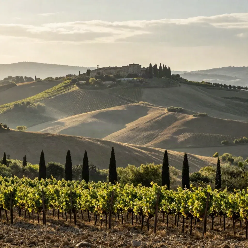 Collina con filari di vite, cipressi e borgo lontano sotto un’ombra di nube.