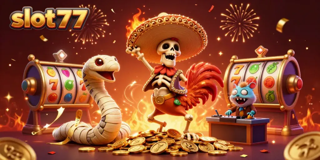 Engage with slot777 in this dynamic 3D scene featuring a rooster, mummy snake, and DJ hamster.