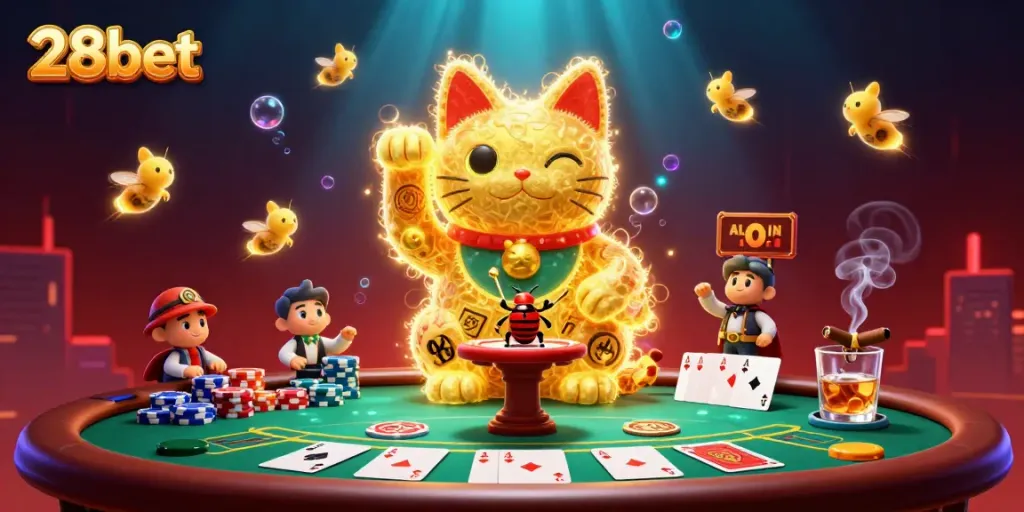 Engage with 28bet's vibrant casino scene featuring a lucky cat and poker chips.