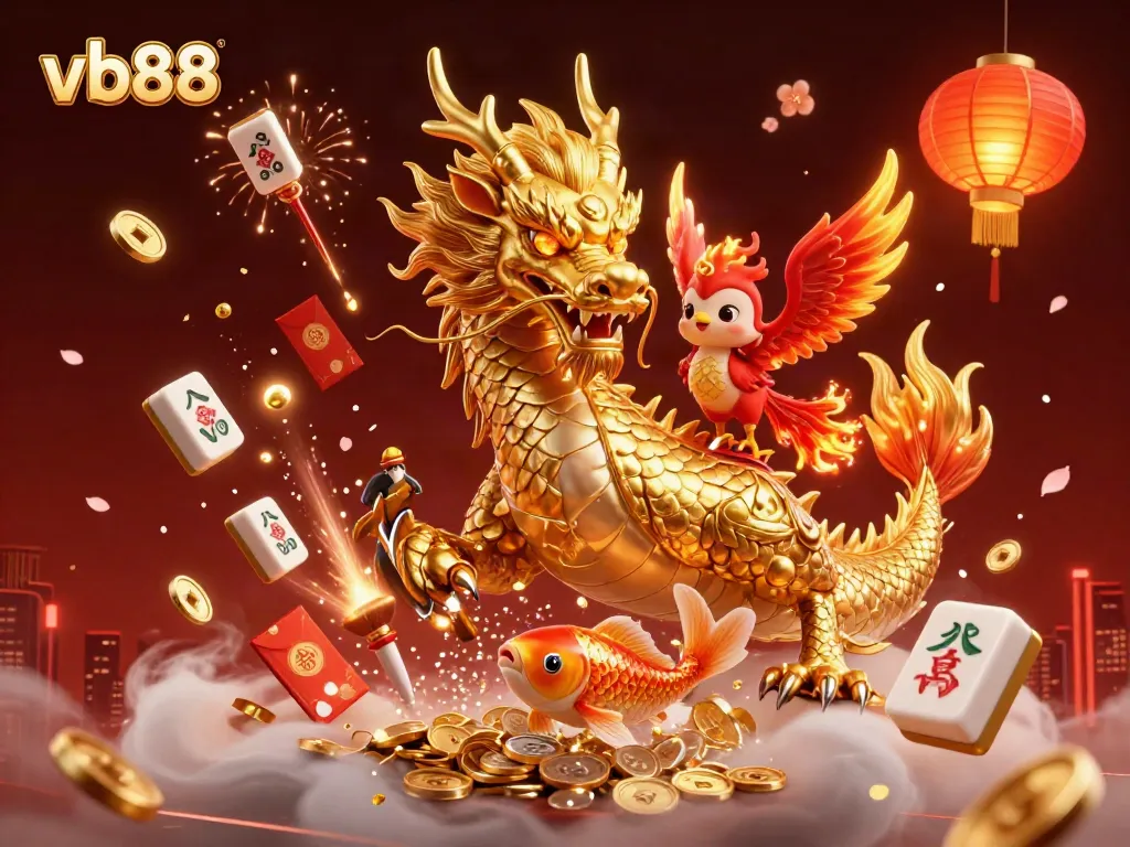 Catch excitement at vb88 with a golden dragon, phoenix, and koi fish amidst a gambling celebration.