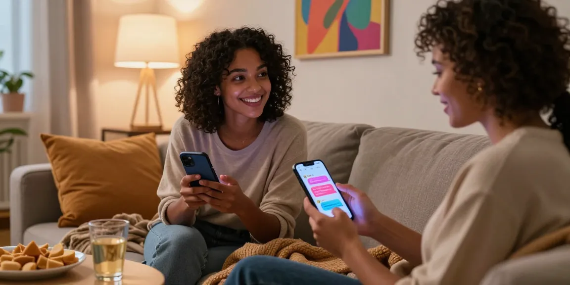 Diverse couple using a sex chat ai app in a cozy, intimate setting with vibrant chat bubbles and ambient lighting.